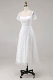 Vestido de novia midi de encaje marfil con mangas cortas