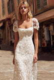Vestido de novia midi de encaje marfil con mangas cortas