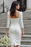 Vestido de novia midi de cuello cuadrado ajustado marfil con mangas