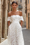 Vestido de novia midi con hombros descubiertos de encaje marfil