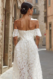 Vestido de novia midi con hombros descubiertos de encaje marfil