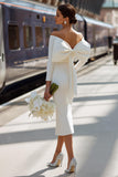 Vestido de novia midi con hombros descubiertos de satén blanco con lazo
