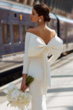 Vestido de novia midi con hombros descubiertos de satén blanco con lazo