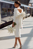 Vestido de novia midi de manga larga con cuello redondo y bodycon blanco con lazo