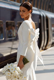Vestido de novia midi de manga larga con cuello redondo y bodycon blanco con lazo