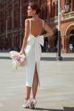 Vestido de novia midi de corte con cuello en V blanco y lazo