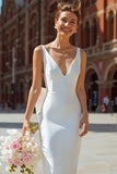 Vestido de novia midi de corte con cuello en V blanco y lazo