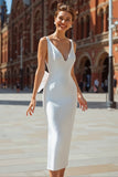 Vestido de novia midi de corte con cuello en V blanco y lazo