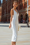 Vestido de novia midi de corte con cuello en V blanco y lazo