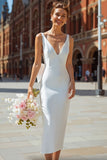 Vestido de novia midi de corte con cuello en V blanco y lazo