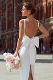 Vestido de novia midi de corte con cuello en V blanco y lazo