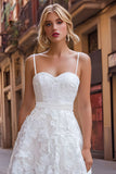 Vestido de recepción de boda de encaje blanco con tirantes finos en línea A