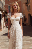 Vestido de novia de encaje de manga corta A Line de marfil