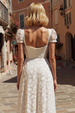 Vestido de novia de encaje de manga corta A Line de marfil