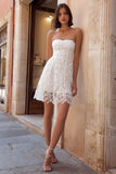 Vestido corto de recepción de boda de encaje marfil sin tirantes