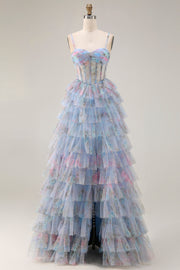 Corsé de graduación azul floral con volantes y filetes, vestido largo de graduación con abertura