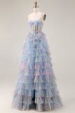 Corsé de graduación azul floral con volantes y filetes, vestido largo de graduación con abertura