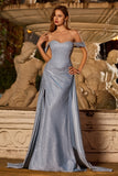 Corsé de sirena azul brillante y polvoriento con hombros descubiertos, vestido largo largo de graduación con abertura