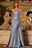 Corsé de sirena azul brillante y polvoriento con hombros descubiertos, vestido largo largo de graduación con abertura