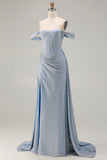 Corsé sirena brillante con hombros descubiertos Vestido largo largo de satén azul polvoriento con abertura