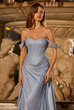 Corsé de sirena azul brillante y polvoriento con hombros descubiertos, vestido largo largo de graduación con abertura