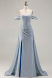 Corsé sirena brillante con hombros descubiertos Vestido largo largo de satén azul polvoriento con abertura
