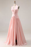 Vestido largo de graduación plisado con pliegues y corte rosa Tope A con abertura