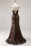Vestido largo largo de graduación de encaje negro con cuentas de sirena sirena y cuentas