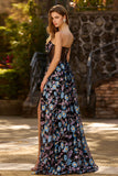 Vestido de graduación largo corsé transparente sin tirantes floral negro A Line con abertura