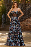 Vestido de graduación largo corsé transparente sin tirantes floral negro A Line con abertura