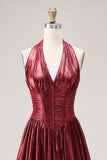 Corsé de fin de curso metálico burdeos con escote halter y línea A, vestido largo de baile con abertura