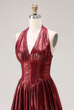 Corsé de fin de curso metálico burdeos con escote halter y línea A, vestido largo de baile con abertura