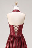 Corsé de fin de curso metálico burdeos con escote halter y línea A, vestido largo de baile con abertura