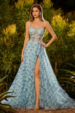 Vestido largo de graduación azul floral con cuentas con cuentas y encaje con cuentas y abertura