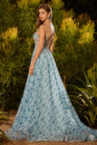 Vestido largo de graduación azul floral con cuentas con cuentas y encaje con cuentas y abertura