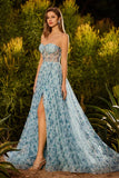 Vestido largo de graduación azul floral con cuentas con cuentas y encaje con cuentas y abertura