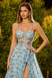 Vestido largo de graduación azul floral con cuentas con cuentas y encaje con cuentas y abertura