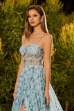 Vestido largo de graduación azul floral con cuentas con cuentas y encaje con cuentas y abertura