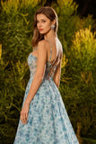 Vestido largo de graduación azul floral con cuentas con cuentas y encaje con cuentas y abertura