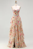 Flor de champán Línea A Corsé con volantes, vestido largo de baile con abertura