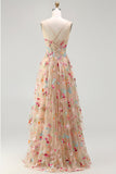 Flor de champán Línea A Corsé con volantes, vestido largo de baile con abertura