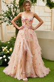 Flor de champán Línea A Corsé con volantes, vestido largo de baile con abertura