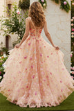 Flor de marfil A Line Corsé Vestido largo de graduación con volantes y abertura