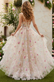 Flor de champán Línea A Corsé con volantes, vestido largo de baile con abertura