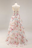 Flor de champán Línea A Corsé con volantes, vestido largo de baile con abertura