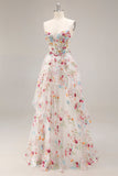 Marfil Línea A Corsé translúcido con espinas bordadas Vestido largo floral con abertura con volantes