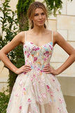 Flor de champán Línea A Corsé con volantes, vestido largo de baile con abertura