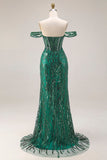Corsé de sirena verde oscuro con lentejuelas, vestido largo de graduación con cuentas