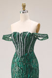 Corsé de sirena verde oscuro con lentejuelas, vestido largo de graduación con cuentas