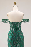 Corsé de sirena verde oscuro con lentejuelas, vestido largo de graduación con cuentas